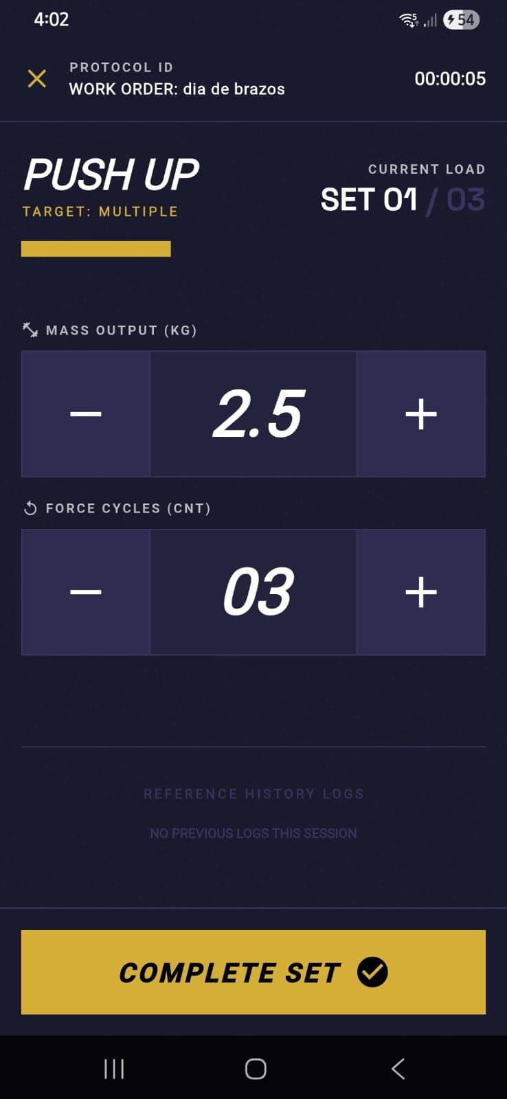 UI design for workout logging showing set numbers, weight inputs, and a timer in safety yellow and charcoal colors