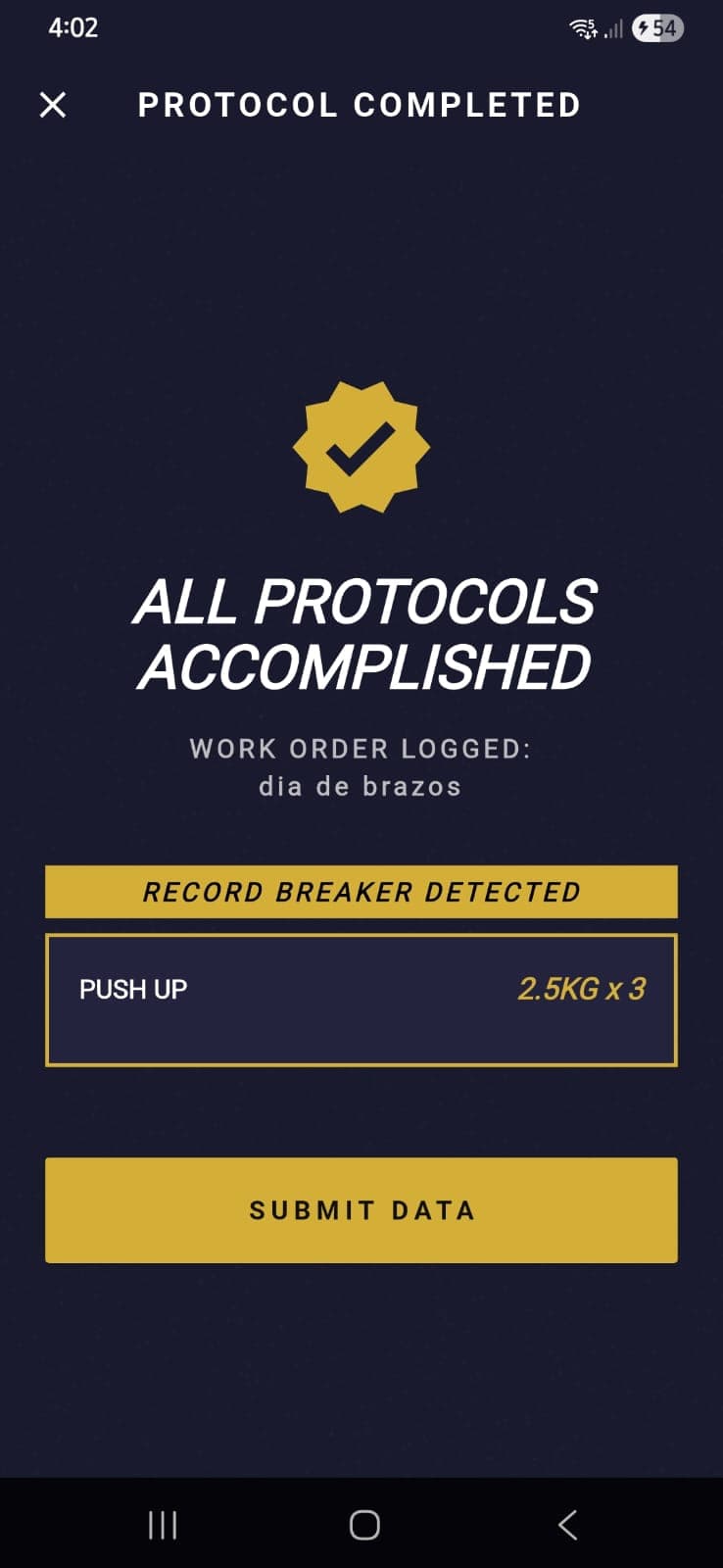 app screen showing a session completion summary with muscle group breakdown and total volume lifted stats